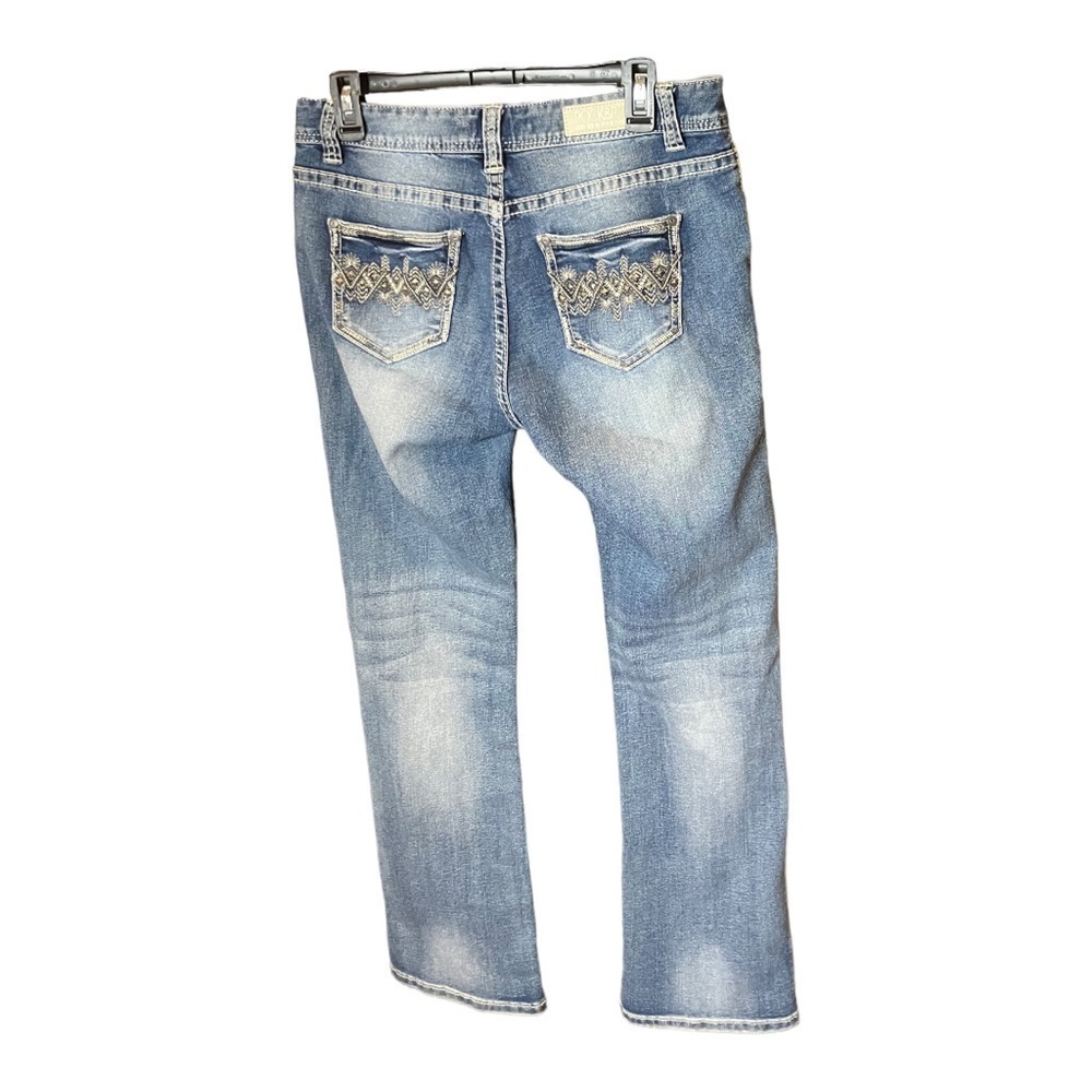 Rock & Roll Cowgirl Boyfriend Jeans Blue Med Wash Bejeweled Pockets Faded 28 - Picture 8 of 9